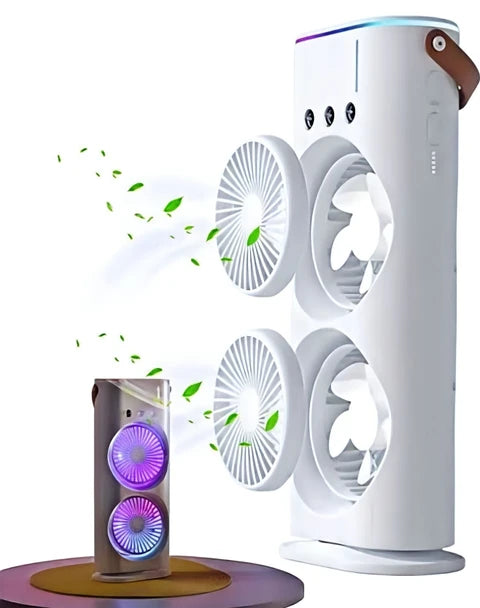Double Ended Spray Fan with Misting | USB Rechargeable Mini Air Cooler with LED Light | Touch & Remote Control | 3 Speed Cooling Fan with 280ml Water Tank