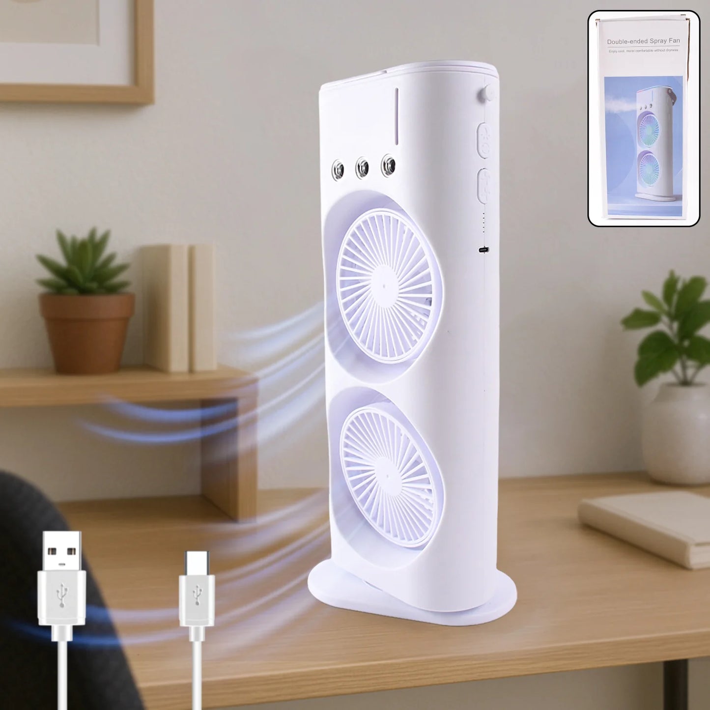 Double Ended Spray Fan with Misting | USB Rechargeable Mini Air Cooler with LED Light | Touch & Remote Control | 3 Speed Cooling Fan with 280ml Water Tank