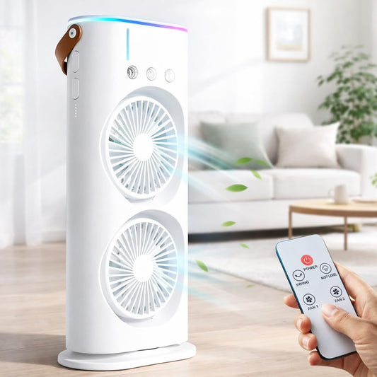 Double Ended Spray Fan with Misting | USB Rechargeable Mini Air Cooler with LED Light | Touch & Remote Control | 3 Speed Cooling Fan with 280ml Water Tank