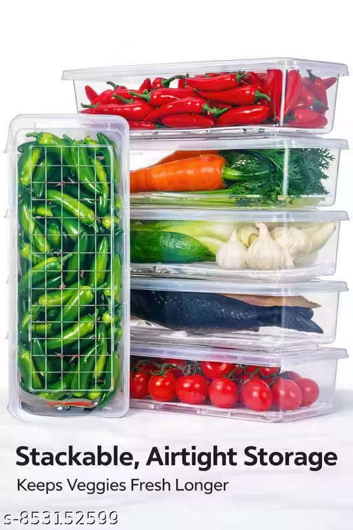6 Pcs Food Storage Container With Removable Drain Plate And Lid Fridge Storage Box Stackble Plastic Freezer Storage Containers To Keep Fresh For Fish, Meat, Vegetables, Fruits Etc., Fridge Boxes, Fridge Storage, [1500ml, Pack Of_6]